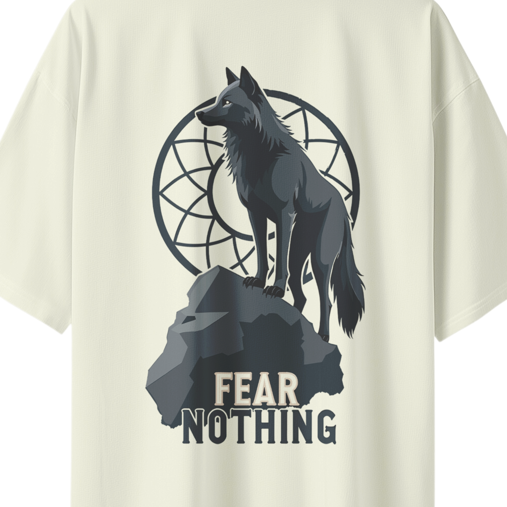 oversize fear nothing wolf unisex beige tshirt close up print yuvio