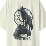 oversize fear nothing wolf unisex beige tshirt close up print yuvio