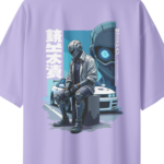 oversize robo racer street graphic mens lavender tshirt close up print yuvio