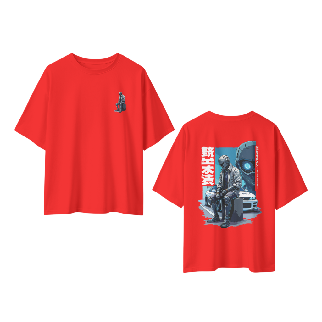oversize robo racer street graphic mens red tshirt front back view yuvio