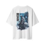 oversize robo racer street graphic mens white tshirt back view yuvio