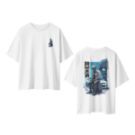 oversize robo racer street graphic mens white tshirt front back view yuvio