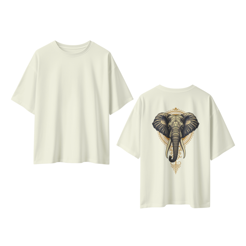 oversize royal elephant graphic unisex beige tshirt front back view yuvio