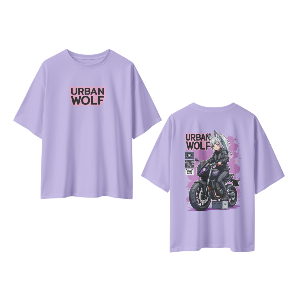 oversize urban wolf womens lavender tshirt front back view yuvio