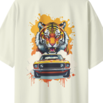 oversize wild ride tiger mustang mens beige tshirt close up print yuvio