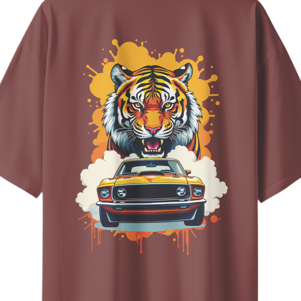 oversize wild ride tiger mustang mens coffee tshirt close up print yuvio