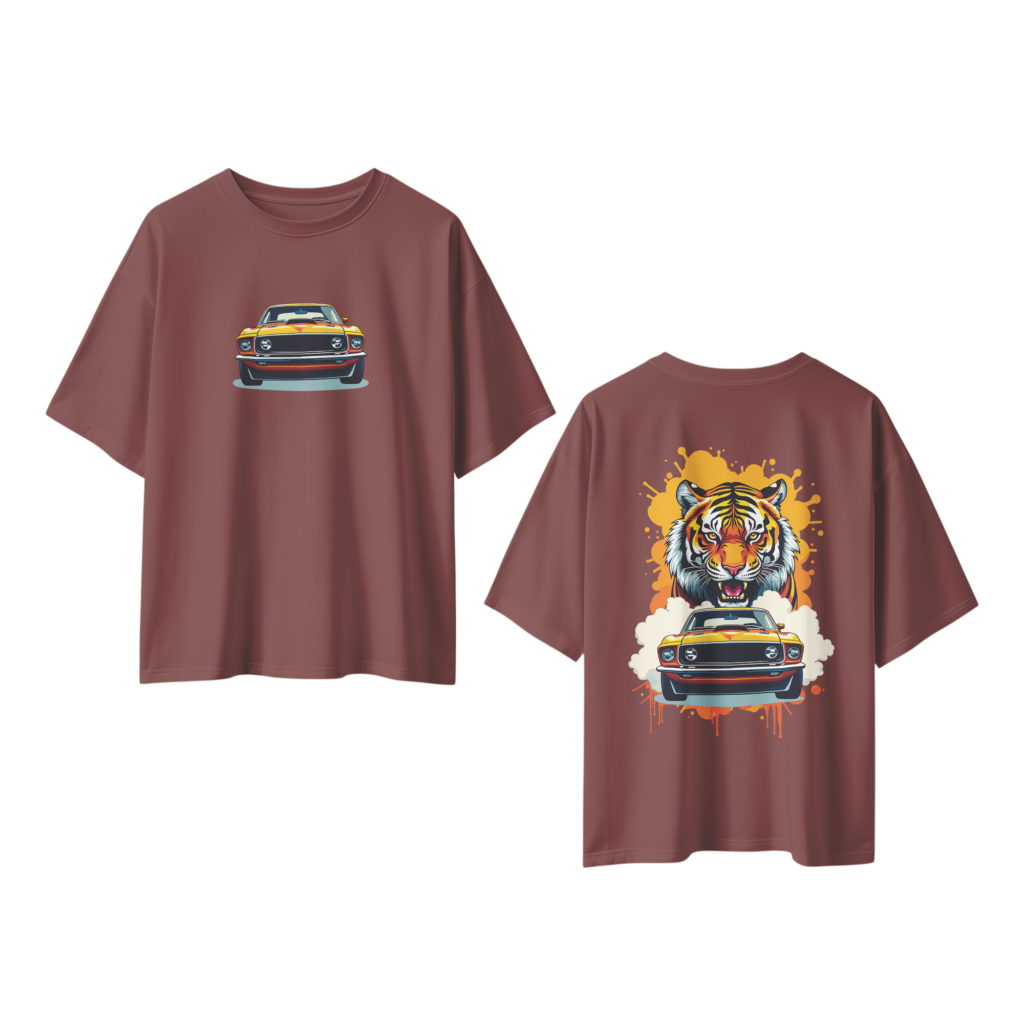 oversize wild ride tiger mustang mens coffee tshirt front back view yuvio