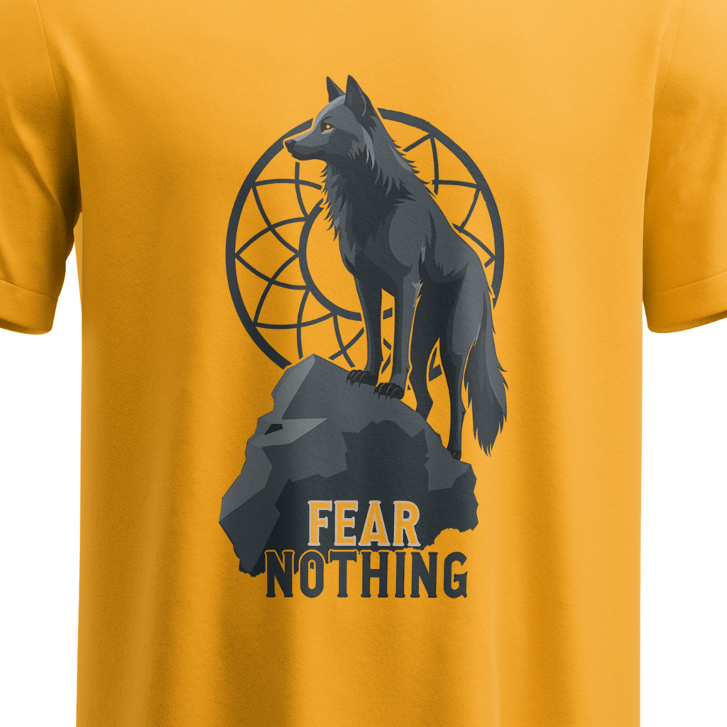 regular fit fear nothing wolf unisex yellow tshirt close up print yuvio