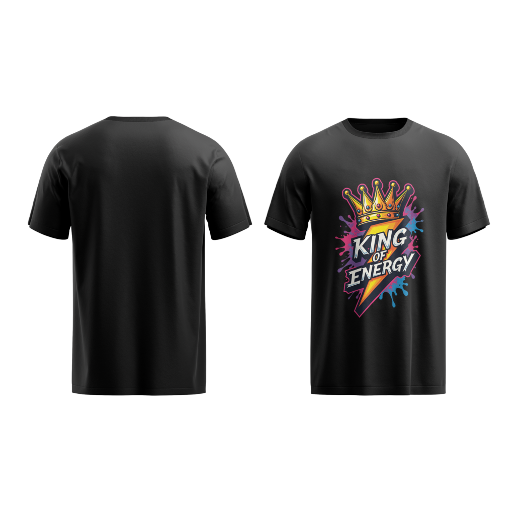 regular fit king of energy mens black tshirt front back view yuvio