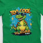 kids-too-cool-to-roar-green-tshirt-close-up-view-yuvio