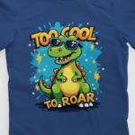 kids-too-cool-to-roar-royal-blue-tshirt-close-up-view-yuvio