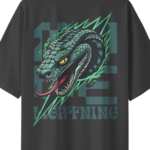 oversized-lightning-snake-unisex-black-tshirt-close-up-view-yuvio