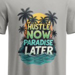 regular-fit-hustle-now-paradise-later-unisex-melange-grey-tshirt-close-up-view-yuvio