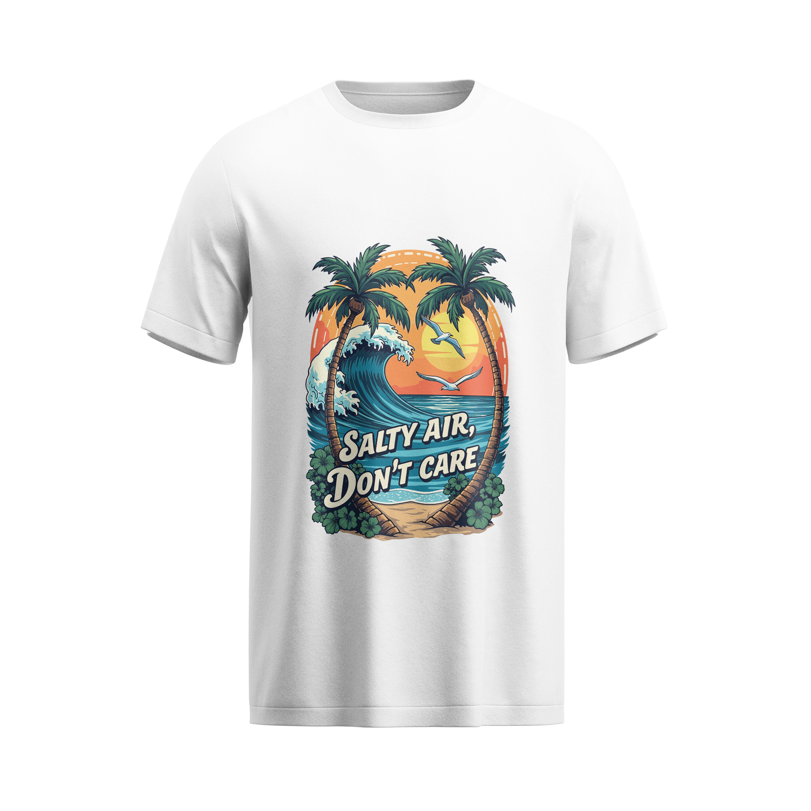 regular-fit-salty-air-dont-care-unisex-white-tshirt-front-view-yuvio Salty Air, Don't Care Unisex Regular Fit T-Shirt | Yuvio - Image 1